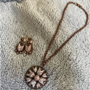VINTAGE COPPER Maltese Cross CONFETTI LUCITE Necklace Pendant Screwback Earrings